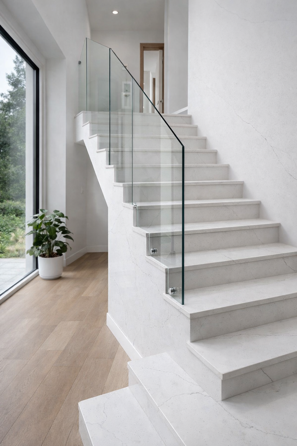 Białe schody z konglomeratu kwarcowego z szarą żyłką