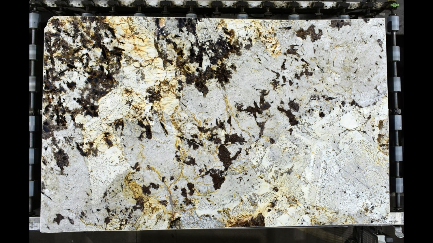 Płyta kwarcytowa biała ze złotym użyleniem oraz czarnymi minerałami Patagonia Titanium